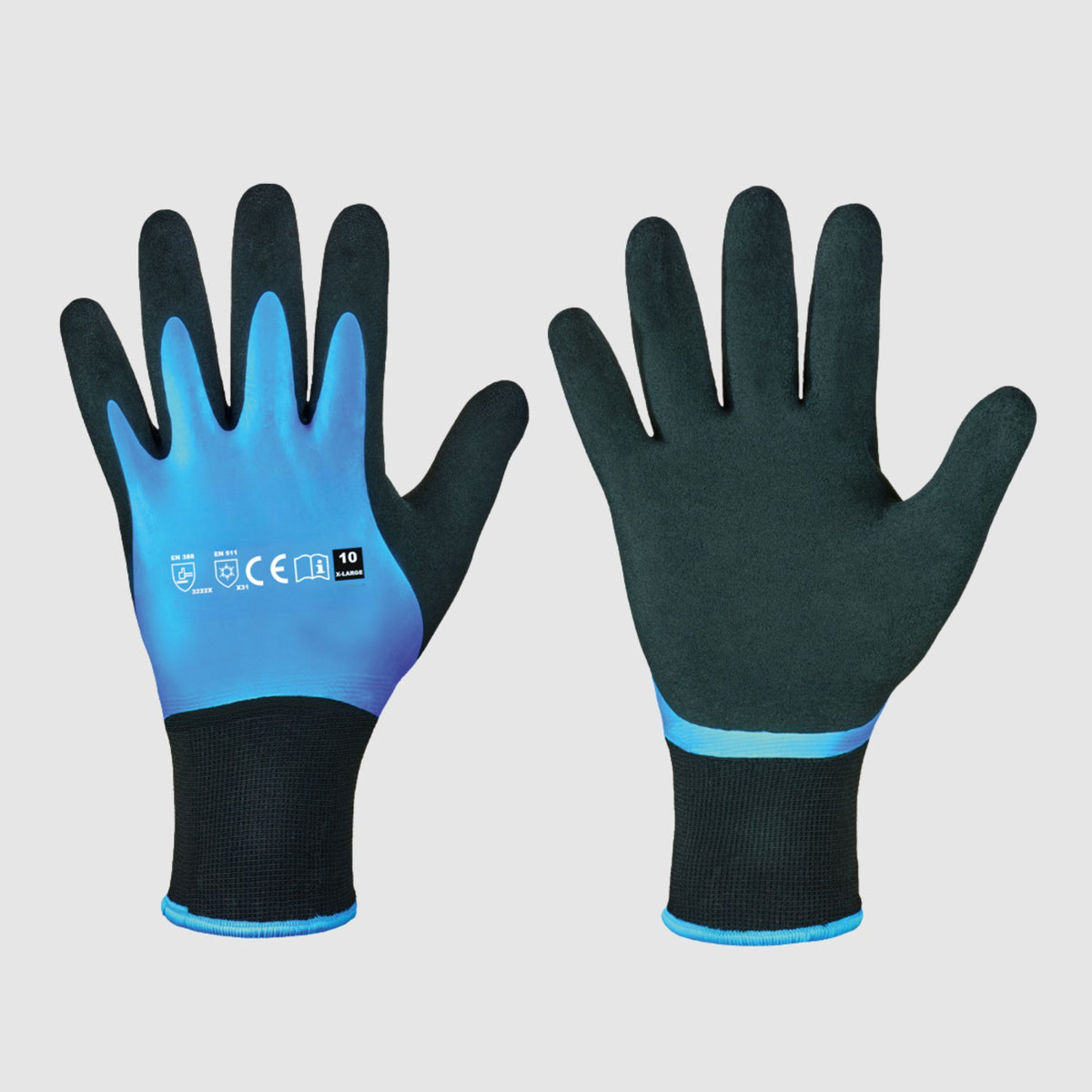 Latex Coated Waterproof Gloves Blue Aqua Nylon Grip Work PPE, Gardening